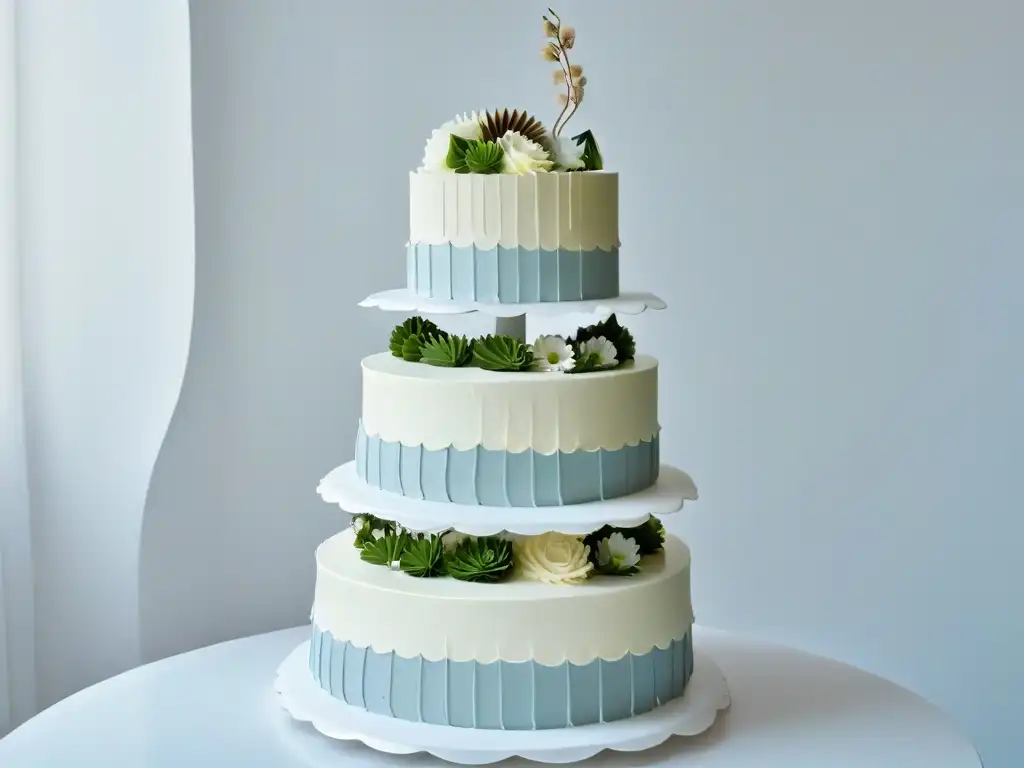 Pastel de varios pisos con decoración elegante y sofisticada en un fondo blanco limpio, inspirando creatividad y asombro en los espectadores