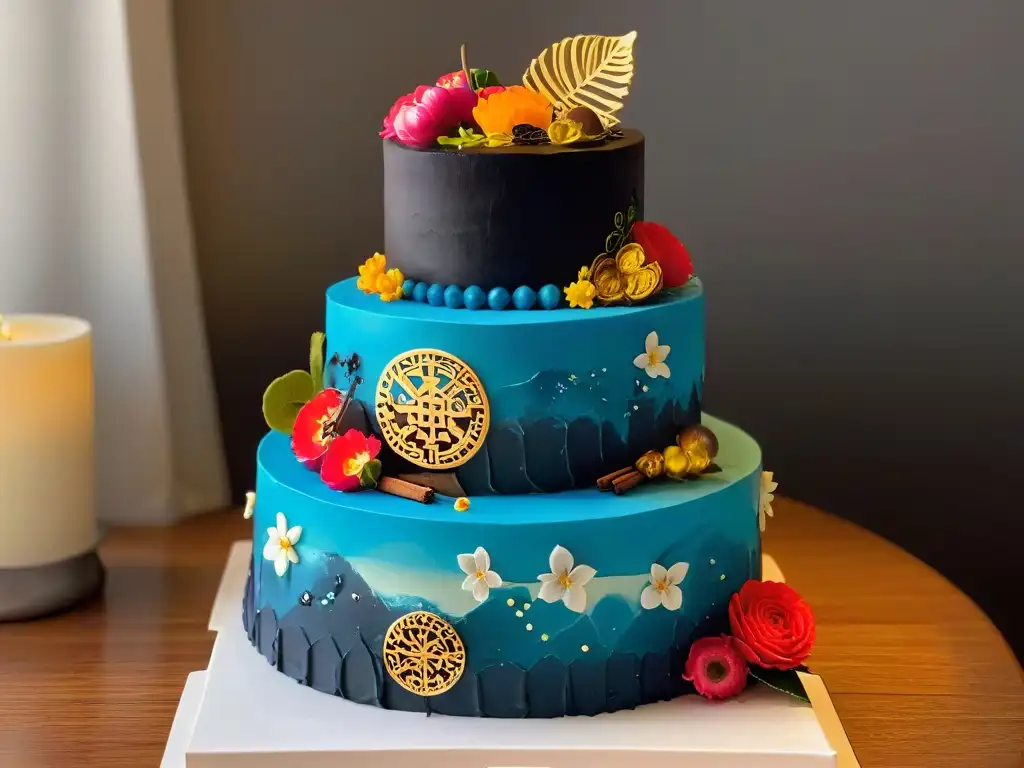 Pastel multicultural detallado con sabores del mundo Un pastel de tres pisos inspirado en culturas globales con sabores únicos y diseños detallados