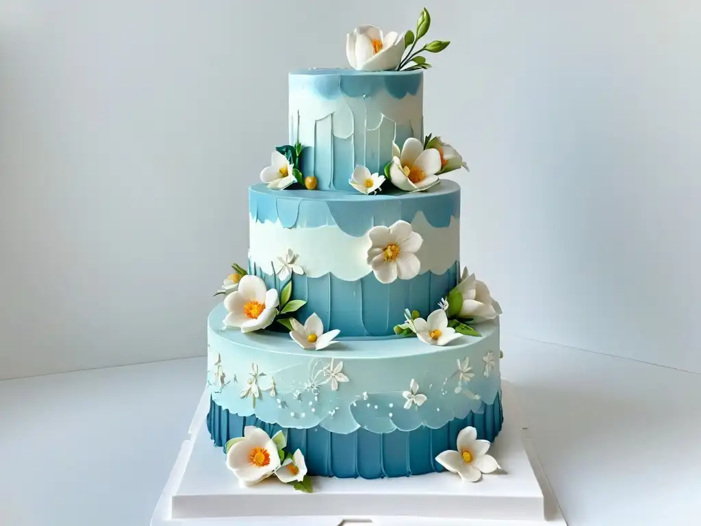 Pastel de tres pisos con técnicas decoración equilibrado: fondant, detalles pintados y flores de azúcar en tonos pasteles