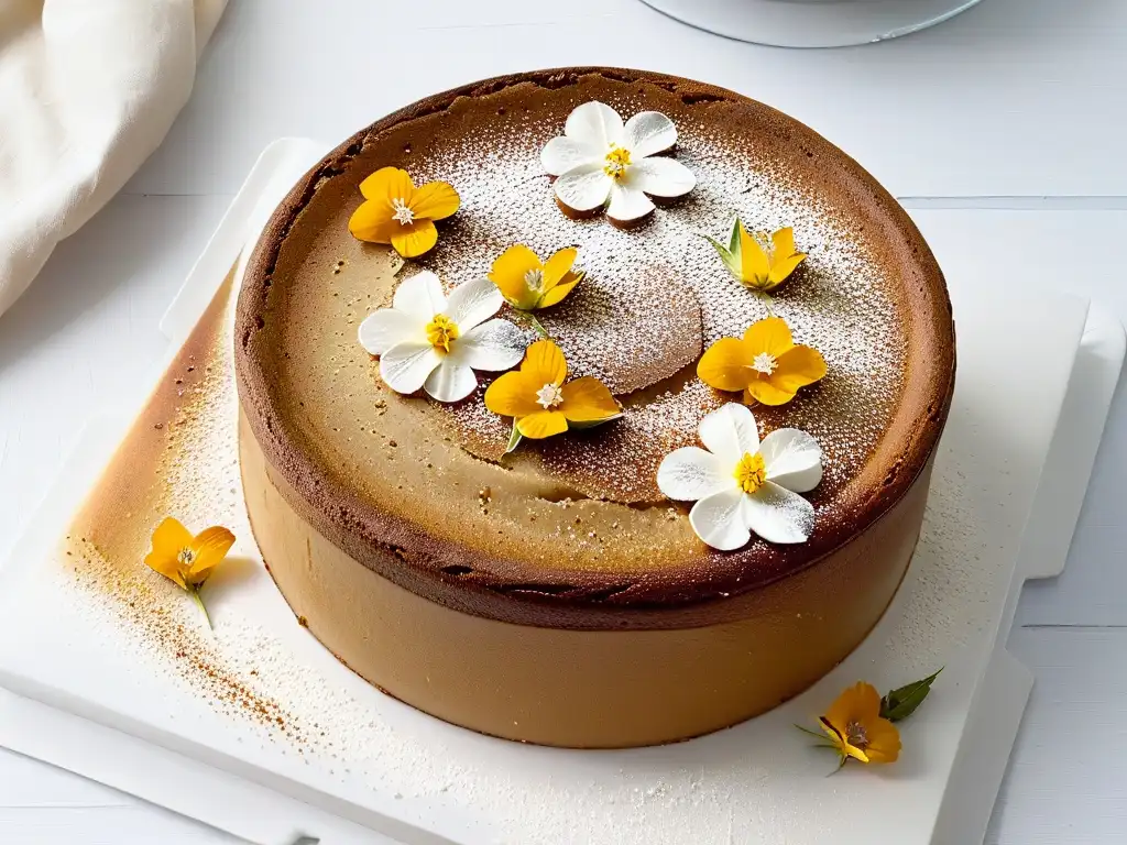 Un pastel de teff y almendra recién horneado, decorado con flores comestibles y azúcar glass, en un plato blanco moderno