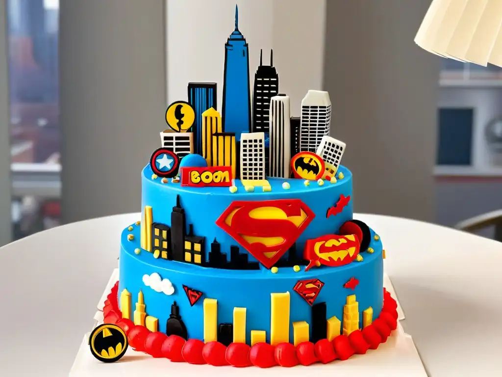 Pastel de superhéroes: ciudad skyline de fondant y acción Pastel temático de superhéroes: ciudad skyline con figuras y edificios de cómic en fondant