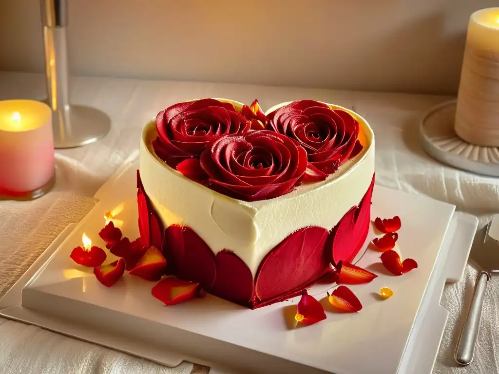 Un pastel de terciopelo rojo en forma de corazón, decorado con pétalos de rosa y velas, ideal para postres románticos San Valentín