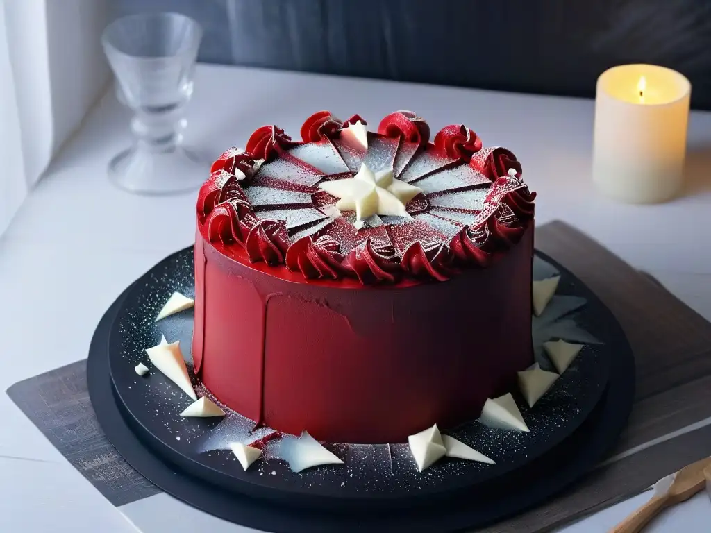 Un pastel de terciopelo rojo sangre con chocolate blanco en forma de vidrio roto, en una atmósfera terrorífica con velas y niebla