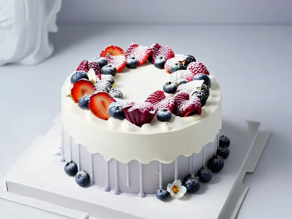 Delicioso pastel vegano con crema agria y decoración exquisita Un pastel vegano decorado con crema agria, bayas frescas y flores comestibles en un plato blanco, sobre fondo gris suave