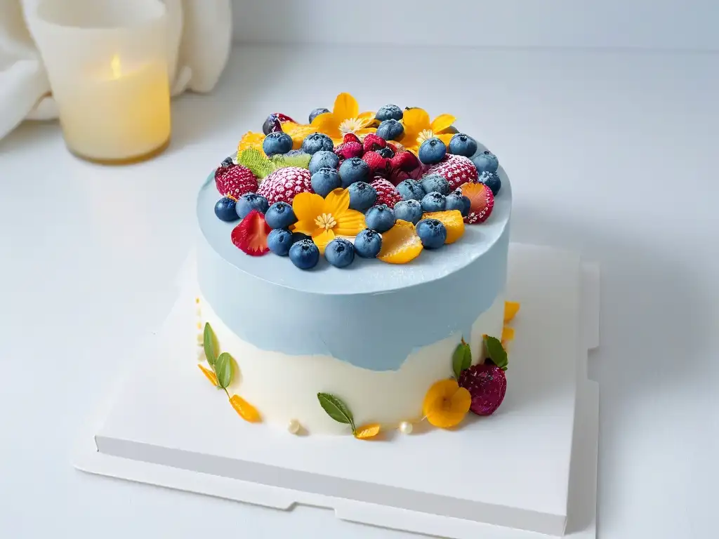 Un pastel vegano decorado con frutas y flores comestibles sobre fondo blanco