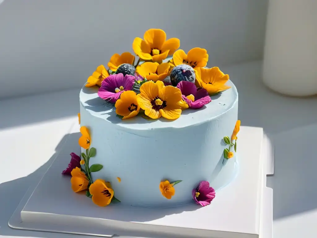 Un pastel vegano orgánico experto, con flores comestibles y decoraciones elegantes, en un entorno luminoso de cocina
