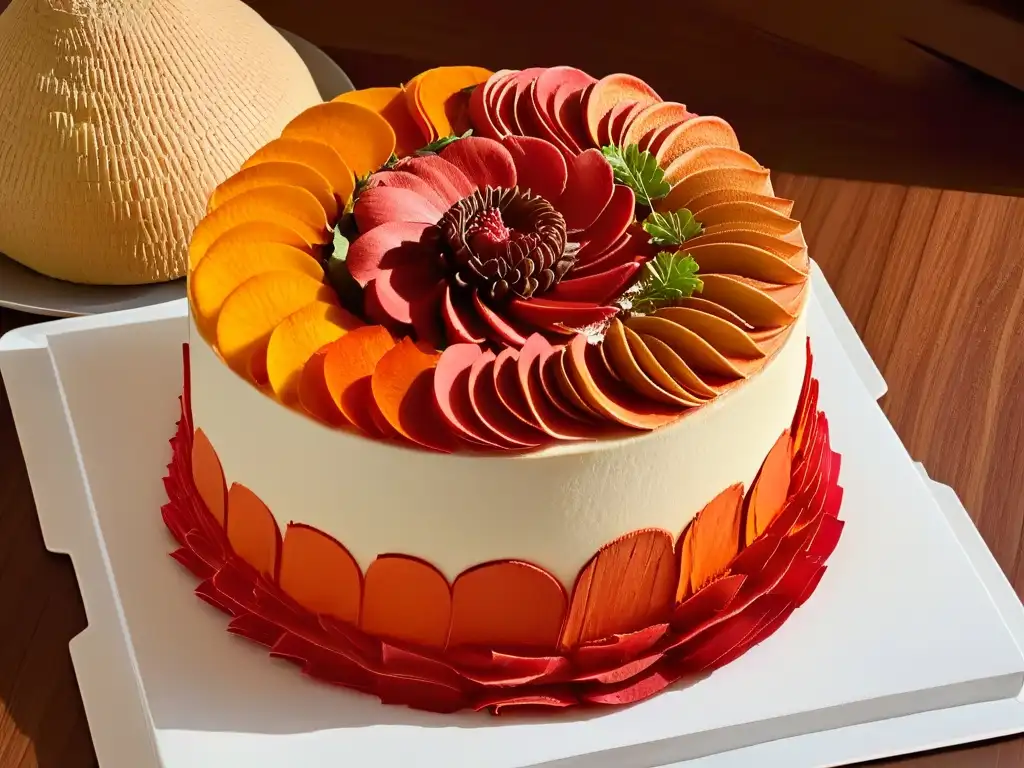 Un pastel vibrante con decoración detallada y colorante natural achiote para pasteles