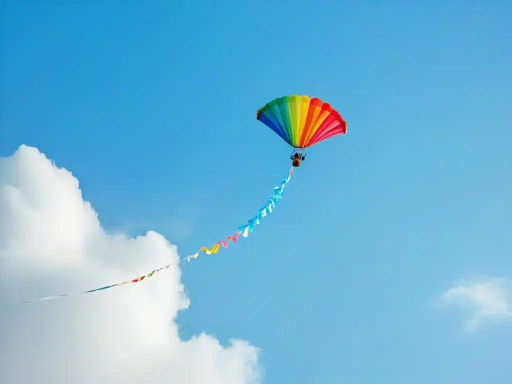 Un pastel volador en tonos pastel surca el cielo azul, entre nubes blancas