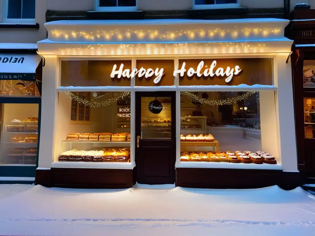 Una pastelería festiva decorada con luces de hadas y deliciosos pasteles