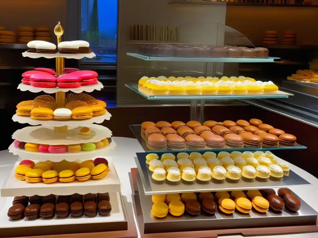 Una pastelería francesa con macarons y éclairs coloridos en elegantes stands de vidrio