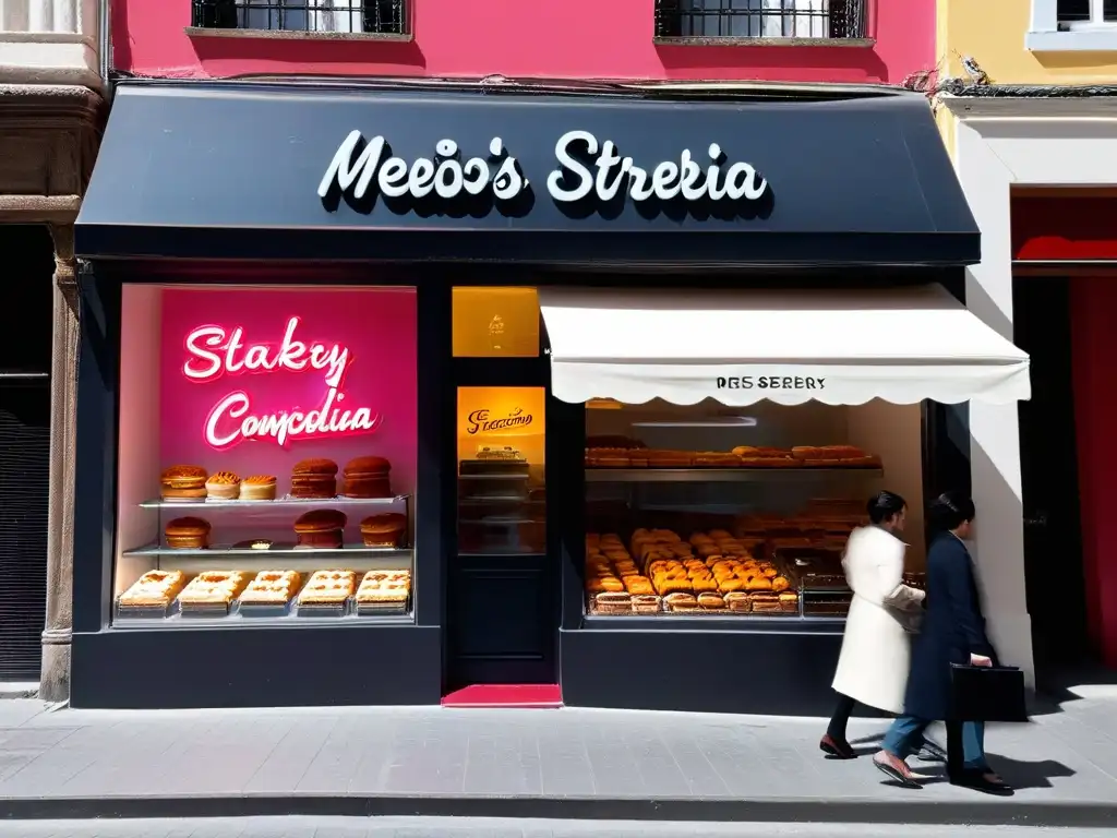 Una pastelería moderna con letrero de neón 'Mejores Estrategias Repostería Competencia', clientes felices y deliciosos postres