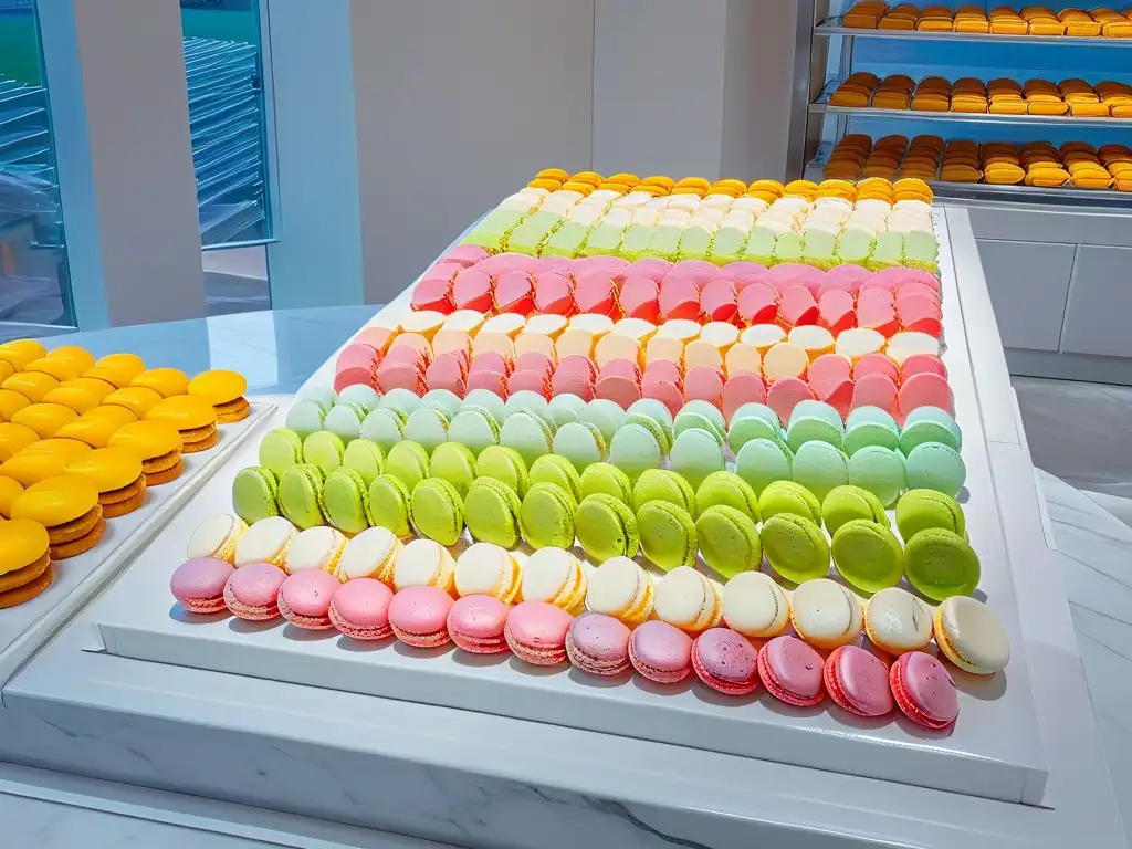 Una pastelería moderna con macarons pastel perfectamente alineados en una cocina elegante