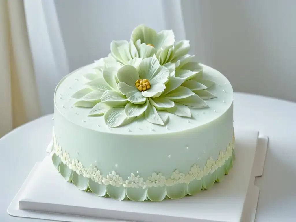 Pastelería personalizada con impresión 3D: Elegante pastel de bodas con flores y encaje de azúcar, sobre una mesa moderna