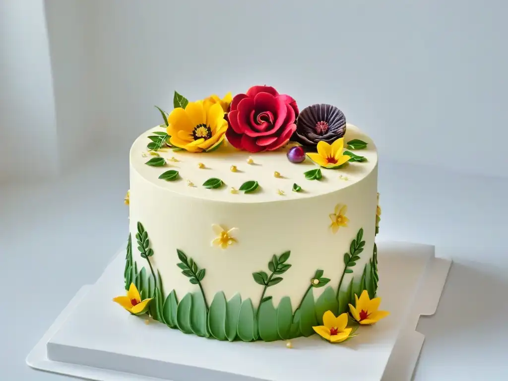 Pastelería vegana en festival global: exquisita decoración con flores de azúcar y detalles precisos en un elegante pastel blanco