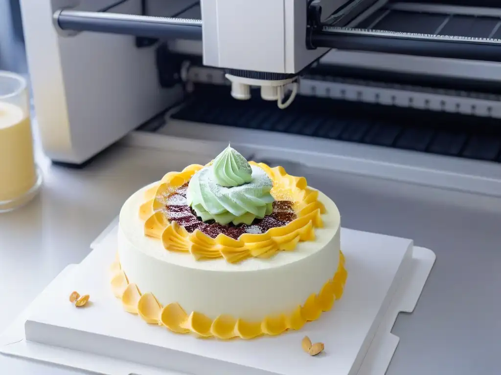 Innovación en pastelerías con impresión 3D: Detalle de impresora creando decoraciones en pastelería sofisticada