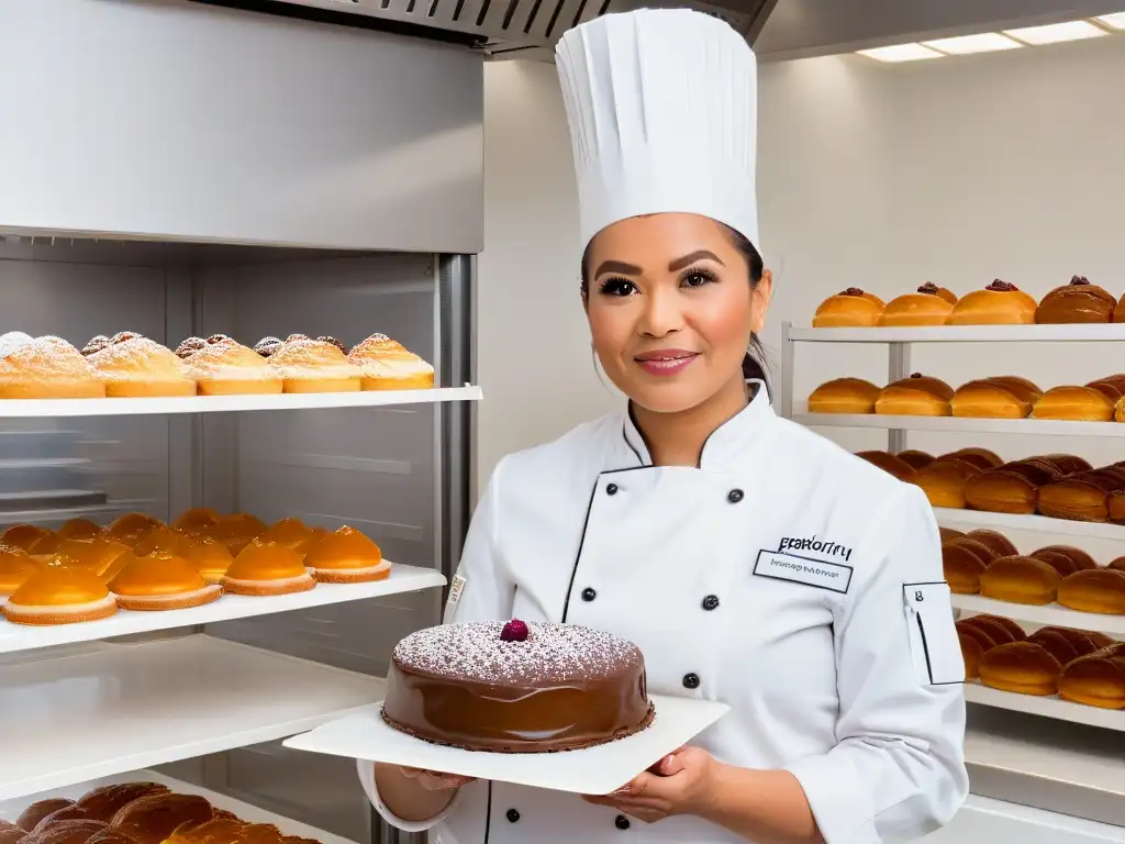 Pastelero calmado maneja comentarios negativos en redes sociales con elegancia en su pastelería blanca