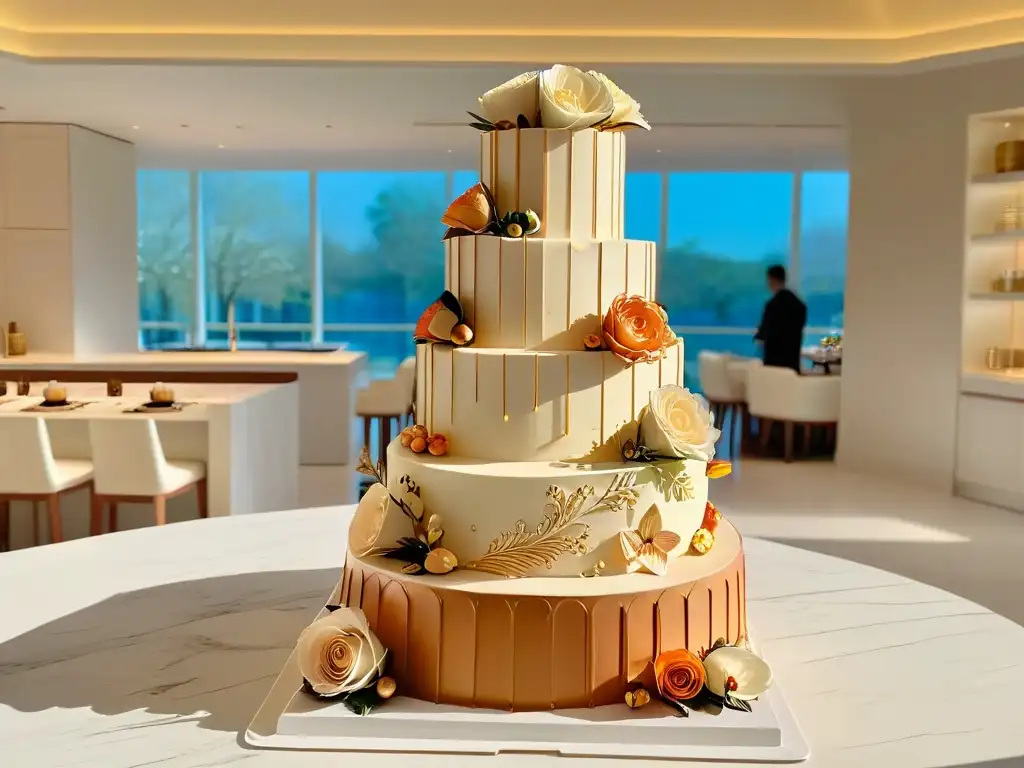 Un pastelero de élite decorando una torta en una cocina moderna y elegante, con detalles de oro rosa y mármol