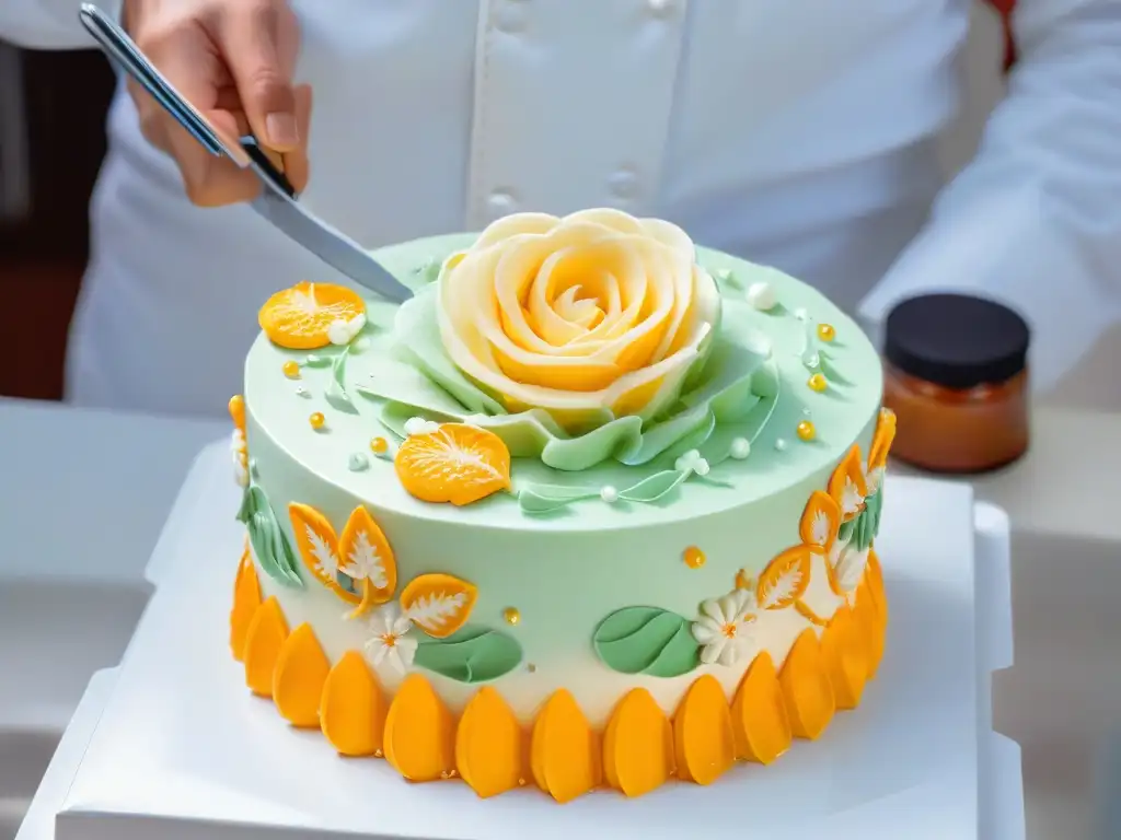 Un pastelero experto crea diseños intrincados en una tarta temática, mostrando creatividad y técnica en la decoración de postres