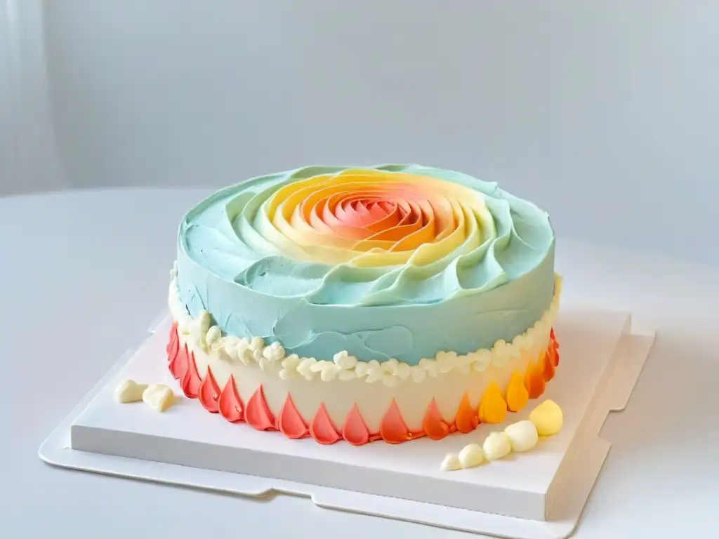 Un pastelero experto decorando una tarta con swirls de frosting pastel, resaltando la técnica y colores vibrantes