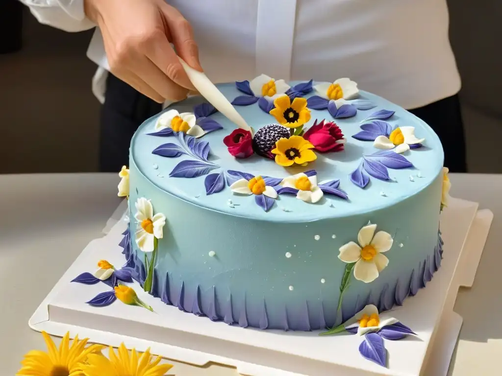 Un pastelero coloca flores comestibles en un pastel, demostrando sostenibilidad en repostería global