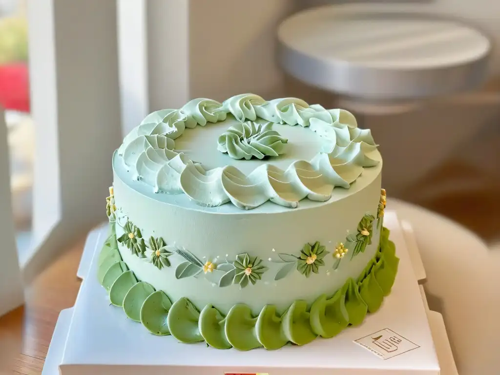 Pastelero decorando con precisión una torta en una pastelería de colores suaves, enfocado en sus manos