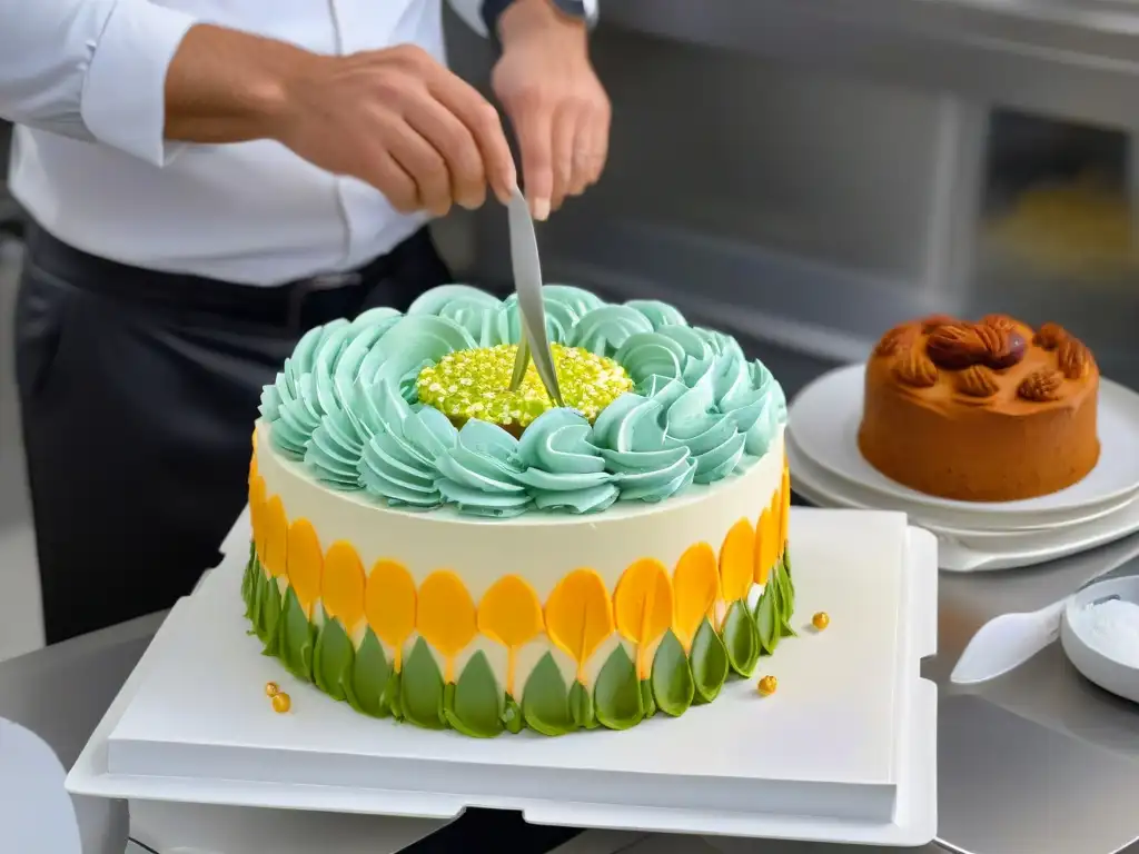 Un pastelero profesional crea con precisión un espectacular pastel multicapa en una cocina moderna y luminosa