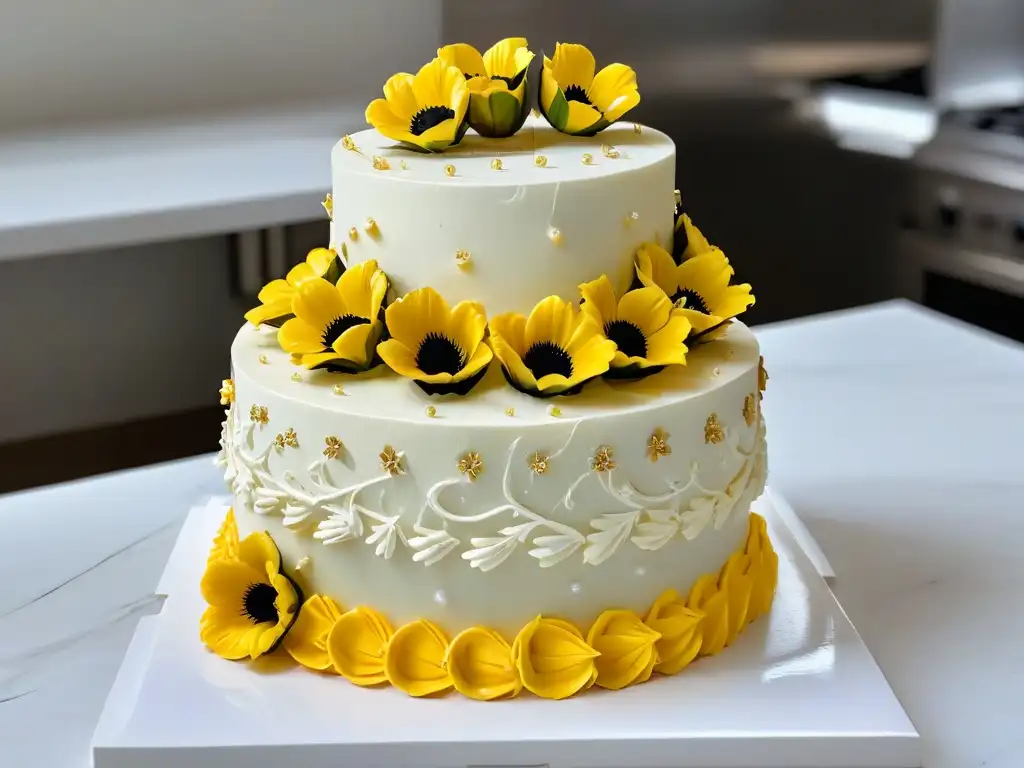 Fotografía para pasteleros en redes: Exquisito pastel decorado con detalles de oro y flores de azúcar