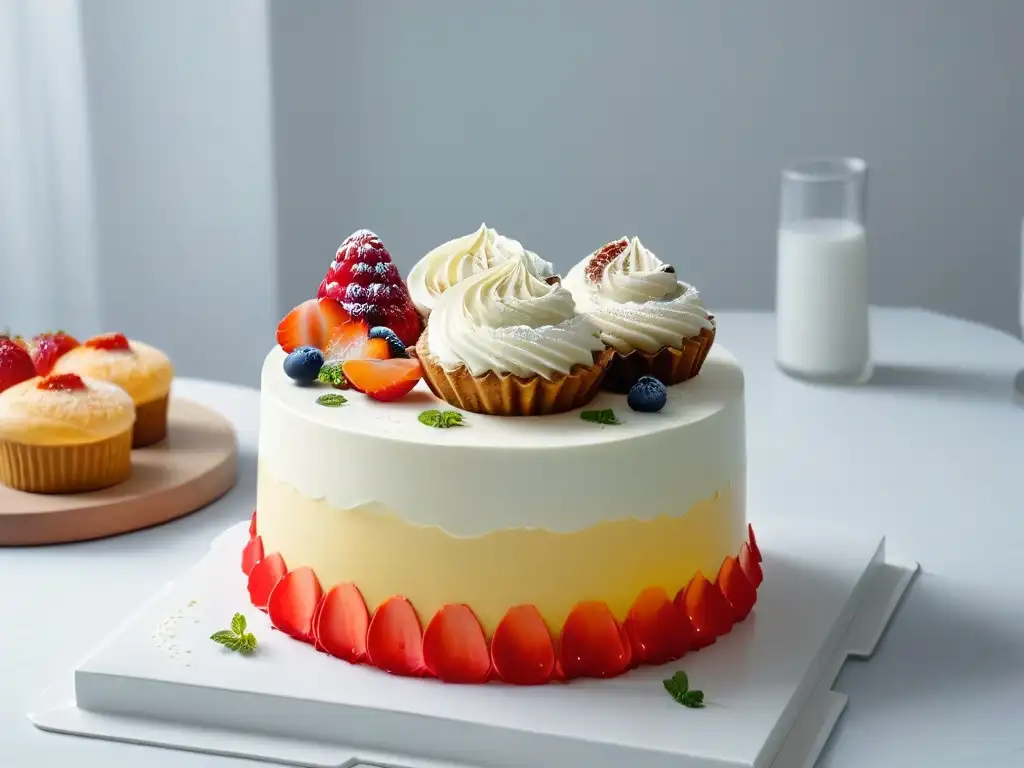 Diseños de pasteles artísticos en cocina moderna de mármol blanco Decoración de pasteles: Arte y tendencias en una cocina moderna con pasteles coloridos y detallados, iluminada por luz natural