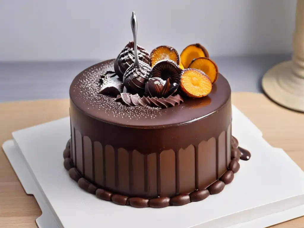 Decoración de pasteles con chocolate: Ganache fluído y brillante se vierte sobre un pastel multilayer, mostrando la exquisitez de la decoración