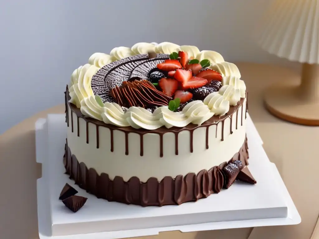 Decoración de pasteles con chocolate: Un pastel minimalista con elegantes detalles de chocolate, una obra de arte sofisticada y creativa