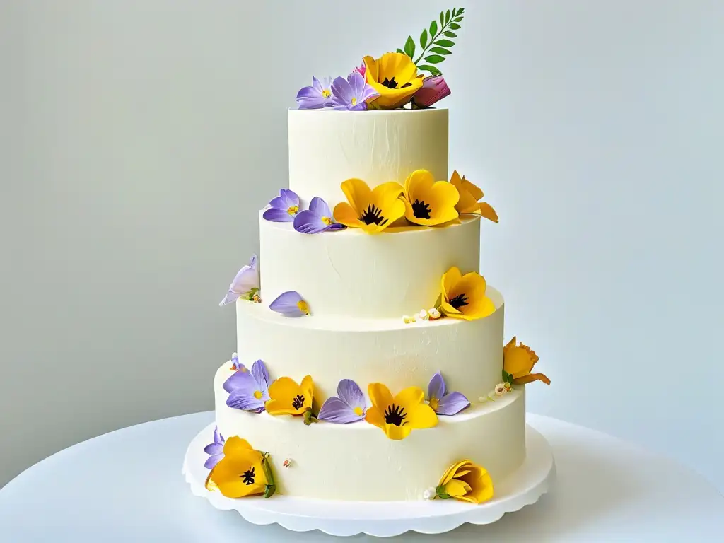 Decoración de pasteles con flores comestibles en una elegante y sofisticada torta de bodas blanca, adornada con flores en tonos suaves y vibrantes