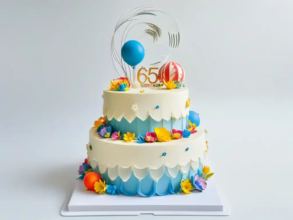 Pastel de tres pisos con decoración colorida y caprichosa Decoración de pasteles infantiles tendencias: Pastel de tres pisos colorido y caprichoso con figuras de animales y flores comestibles