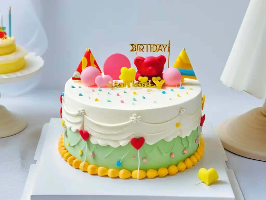 Pastel de cumpleaños festivo y colorido con detalles caprichosos Decoración de pasteles infantiles tendencias: una tarta de cumpleaños vibrante y colorida con elementos festivos y divertidos