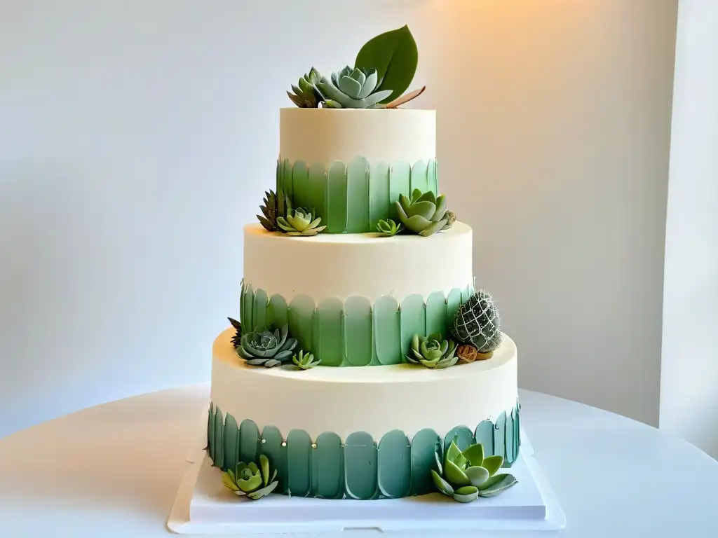 Decoración de pasteles de varios pisos: Elegante pastel de bodas con fondant blanco, patrones geométricos plateados y suculentas verdes