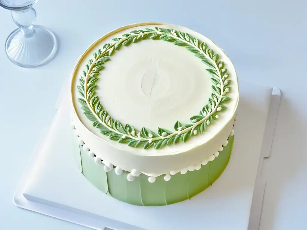 Decoración de pasteles con plantillas: Tarta elegante y detallada, con patrones intrincados en un fondo blanco impecable