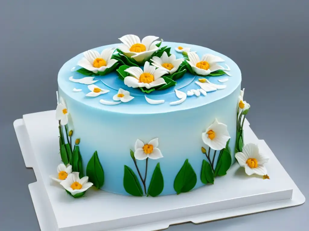 Decorar pasteles con Realidad Aumentada: una cocina moderna con un pastel blanco y decoraciones AR vibrantes y detalladas