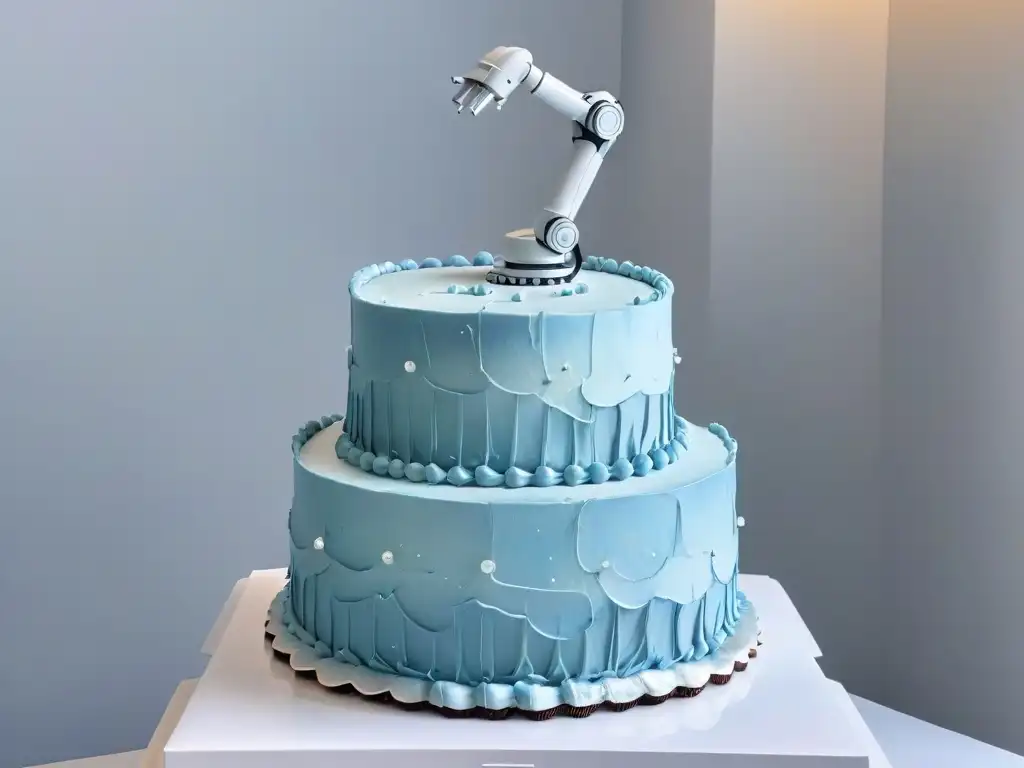 Decoración de pasteles con robótica: Un brazo robótico plateado adorna un pastel de bodas con diseños intrincados, iluminado por luces LED