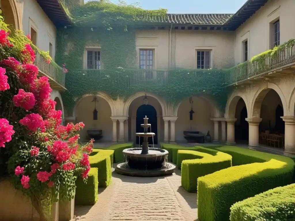 Patio histórico de un convento con recetas tradicionales de repostería conventual