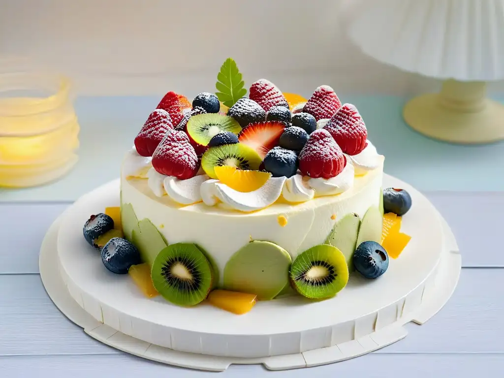 Pavlova de bayas y kiwi: Delicado postre con frutas frescas sobre meringue dorado, en un plato blanco