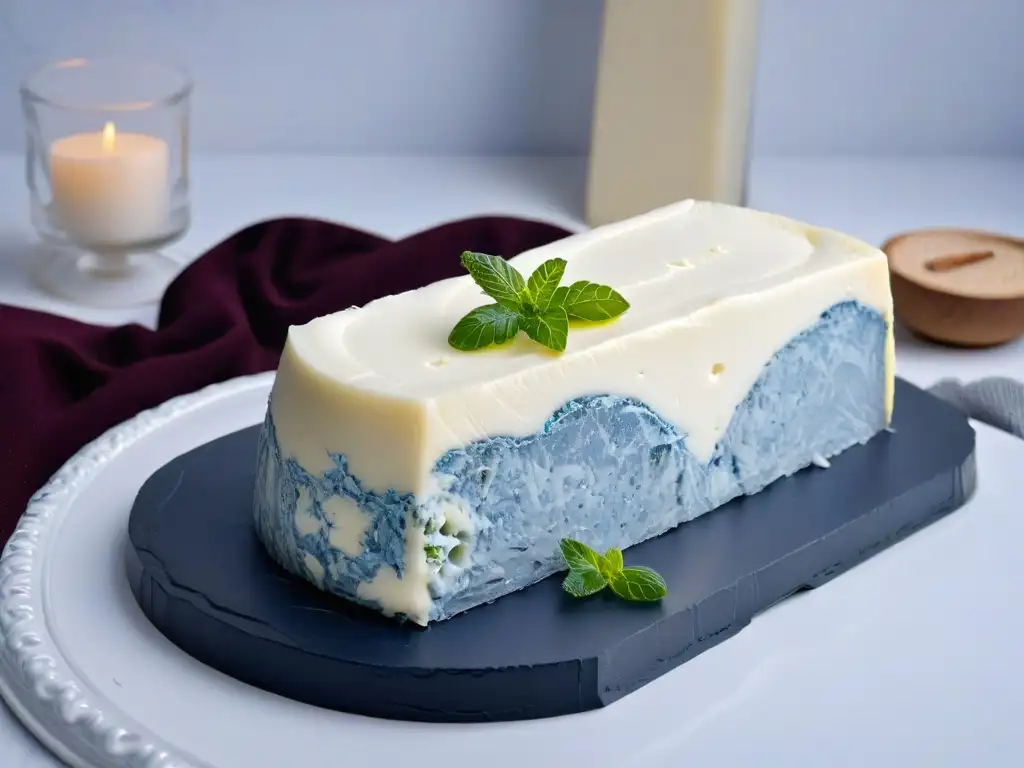 Un pedazo perfecto de queso Roquefort, con vetas azules e textura cremosa en tablero de queso, ideal para Quesos exquisitos en repostería