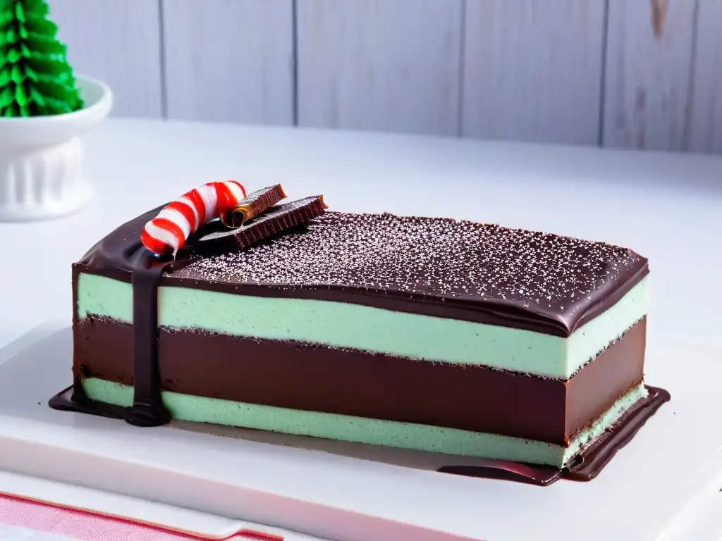 Una Peppermint Slice de chocolate y menta recién cortada, con capas definidas y decorada con trozos de caramelo triturado