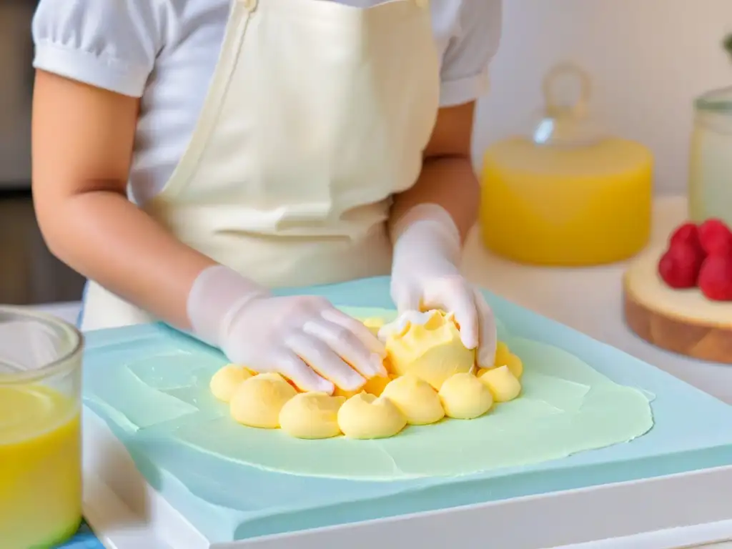 Pequeñas manos moldeando fondant colorido en una cocina impecable