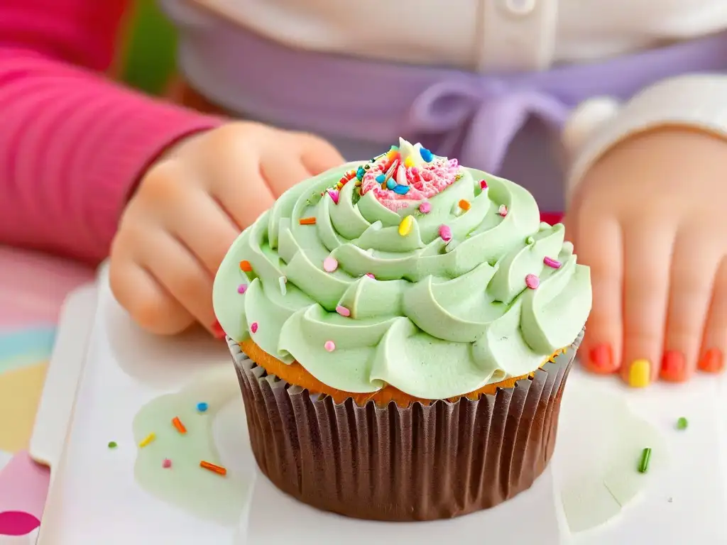 Pequeñas manos infantiles decorando cupcakes con alegría y precisión