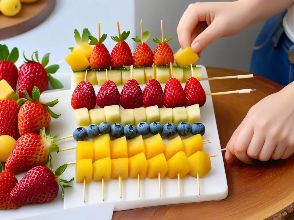 Niño crea brochetas de frutas: frescura y color en detalle Pequeñas manos seguras arman mini postres de frutas coloridas en mármol blanco