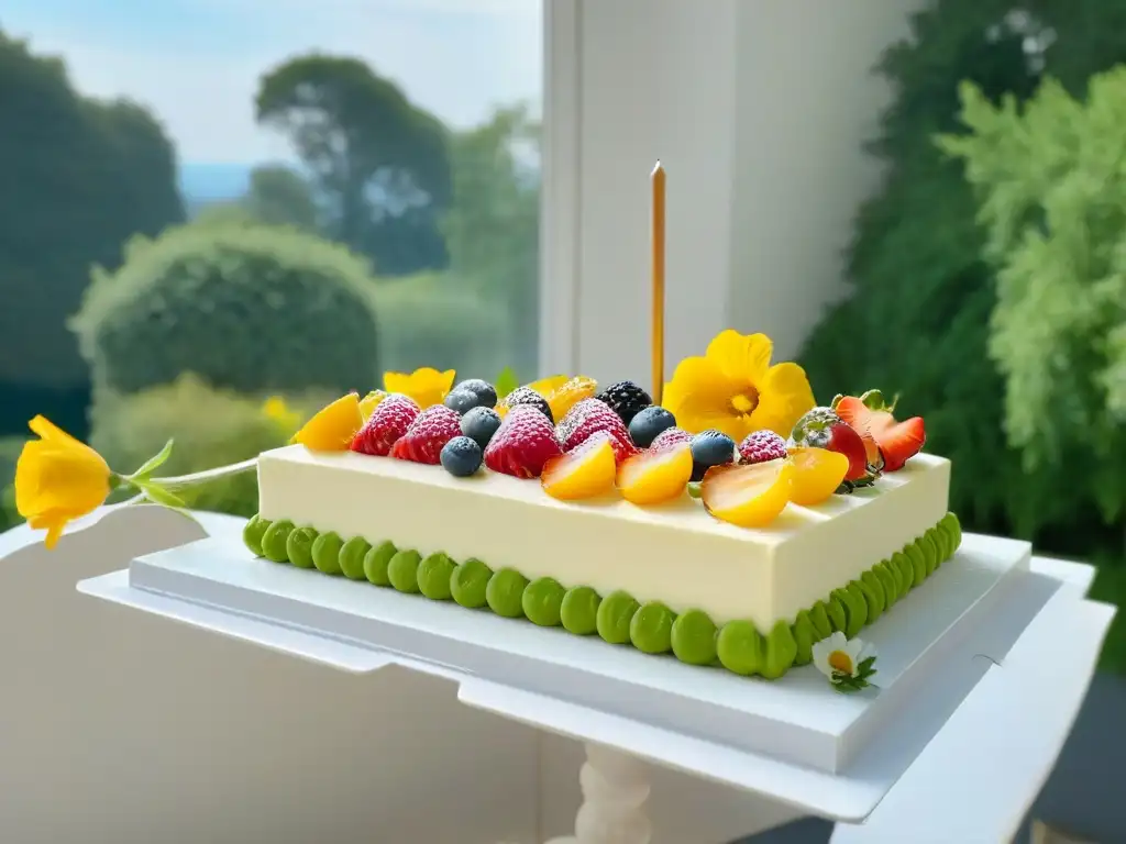 Un rincón de repostería perfecto: cocina minimalista con detalles de cobre, ventana al jardín y un pastel exquisito