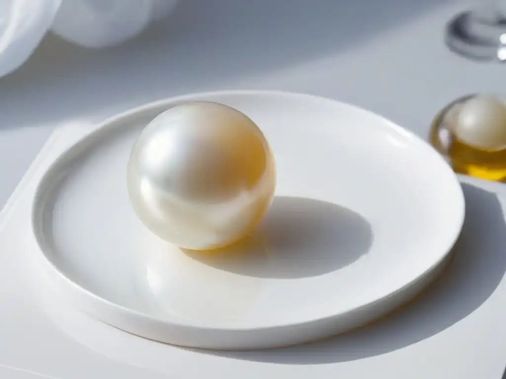 Perlas de sabor en repostería: Imagen de una perla esférica y brillante en un plato blanco minimalista, mostrando su textura suave y aspecto impecable