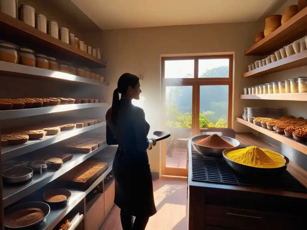 Persona horneando en cocina soleada rodeada de ingredientes de Comercio Justo repostería mejora vidas