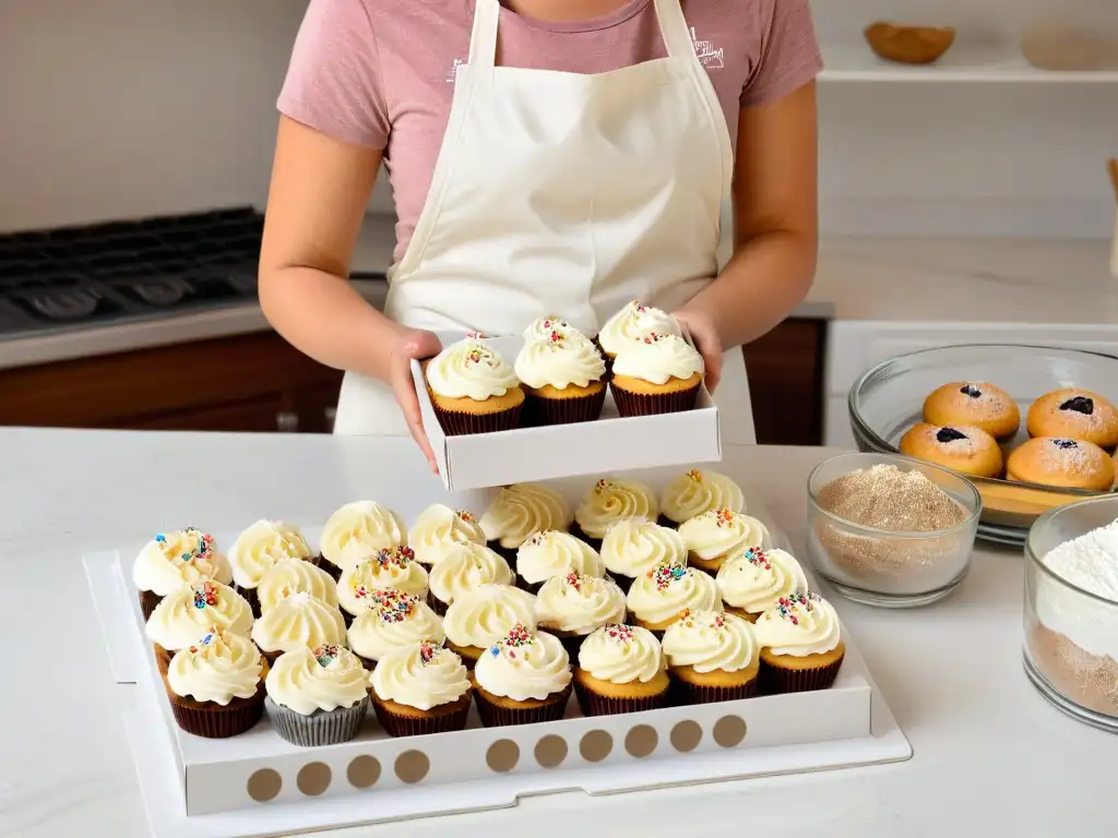 Persona sonriente empaquetando cupcakes y galletas rodeada de ingredientes, transmitiendo generosidad al donar excedentes repostería alimentos