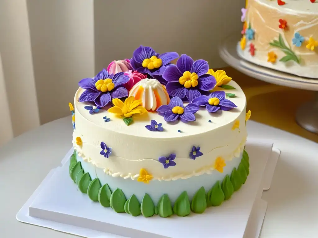 Persona decorando una tarta con detalle y calma, rodeada de utensilios de repostería y flores comestibles - repostería adaptativa salud mental