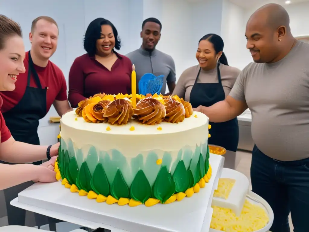 Diversas personas con discapacidad decorando alegremente un pastel juntas en una cocina luminosa